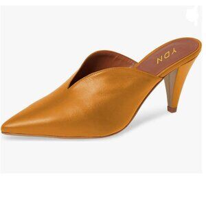 YDN Orange Cone Heel Pointed Toe Slide Mules Slip on V Cut Leather Slide Sandals